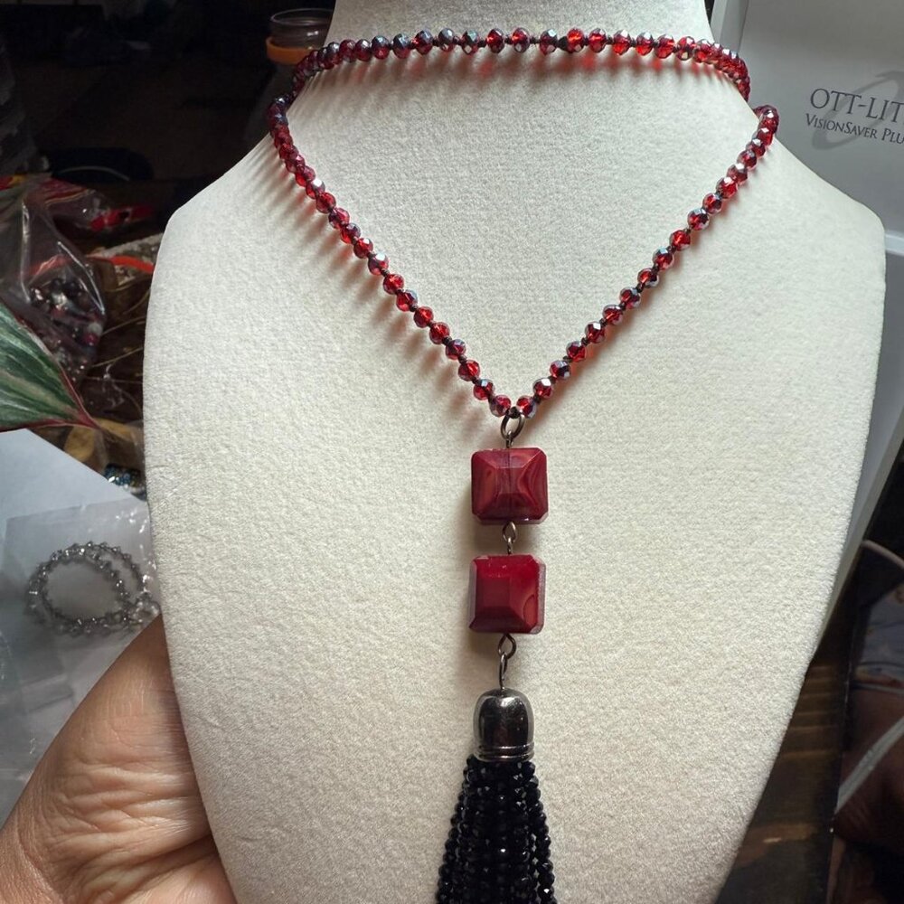 Red and Black Beaded Necklace with Black Beaded Tassel